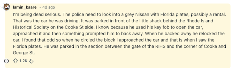 Screenshot of a Reddit post made about a tipster's interaction with the Brown shooting suspect.